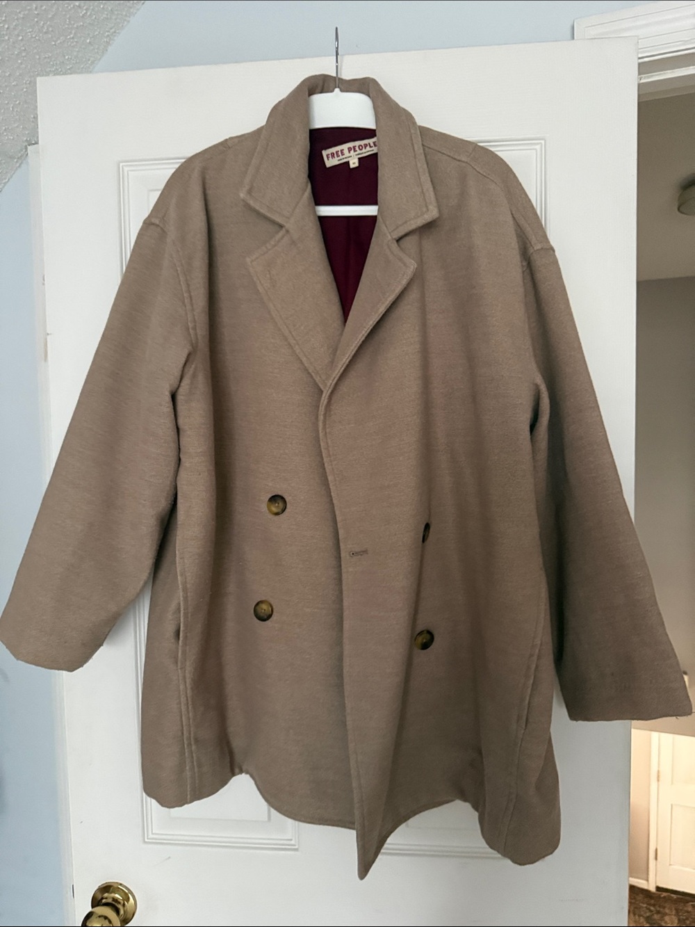 Free People Women’s Oversized Double-Breasted Taupe Pea Coat